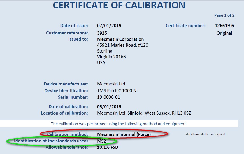 Example certificate of calibration - identify traceability certificate ID