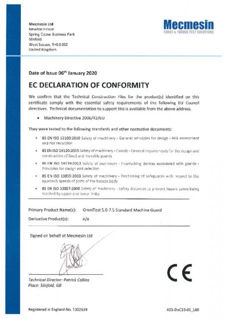 EC Declaration of Conformity, OmniTest 5 and OmniTest 7.5 Standard Machine Guards