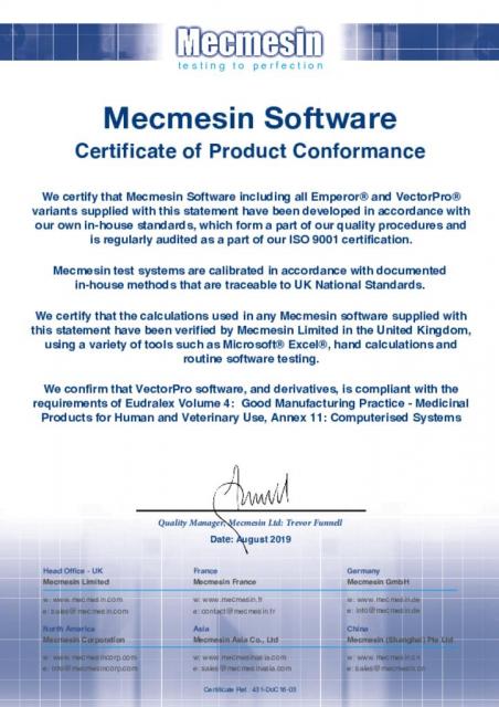 Certificate of Product Conformance - Mecmesin Software (PDF)