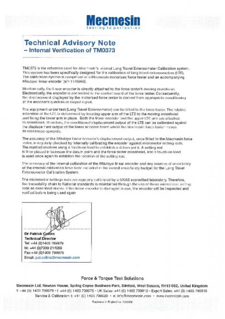 Technical Advisory Note & Calibration Certificate for TM0373-02