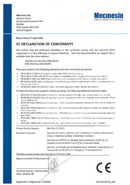 EC Declaration of Conformity, MultiTest dV all variants inc dV(u), sensor and guard