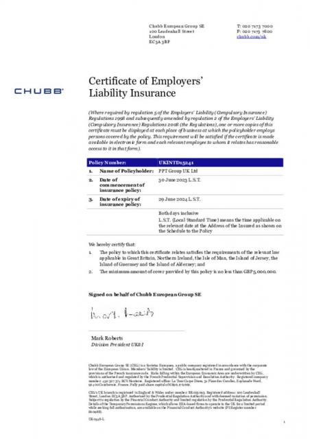 Certificate of Employers' Liability Insurance (Chubb) 2023-24