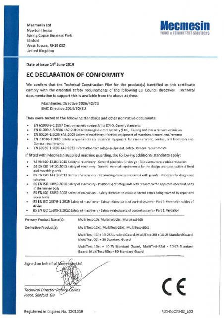EC Declaration of Conformity, MultiTest 10-i; 25-i; 50-i; MultiTest 10-xt; 25-xt; 50-xt and Standard Guards